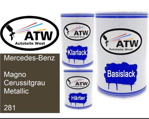 Mercedes-Benz, Magno Cerussitgrau Metallic, 281: 500ml Lackdose + 500ml Klarlack + 250ml Härter - Set, von ATW Autoteile West.